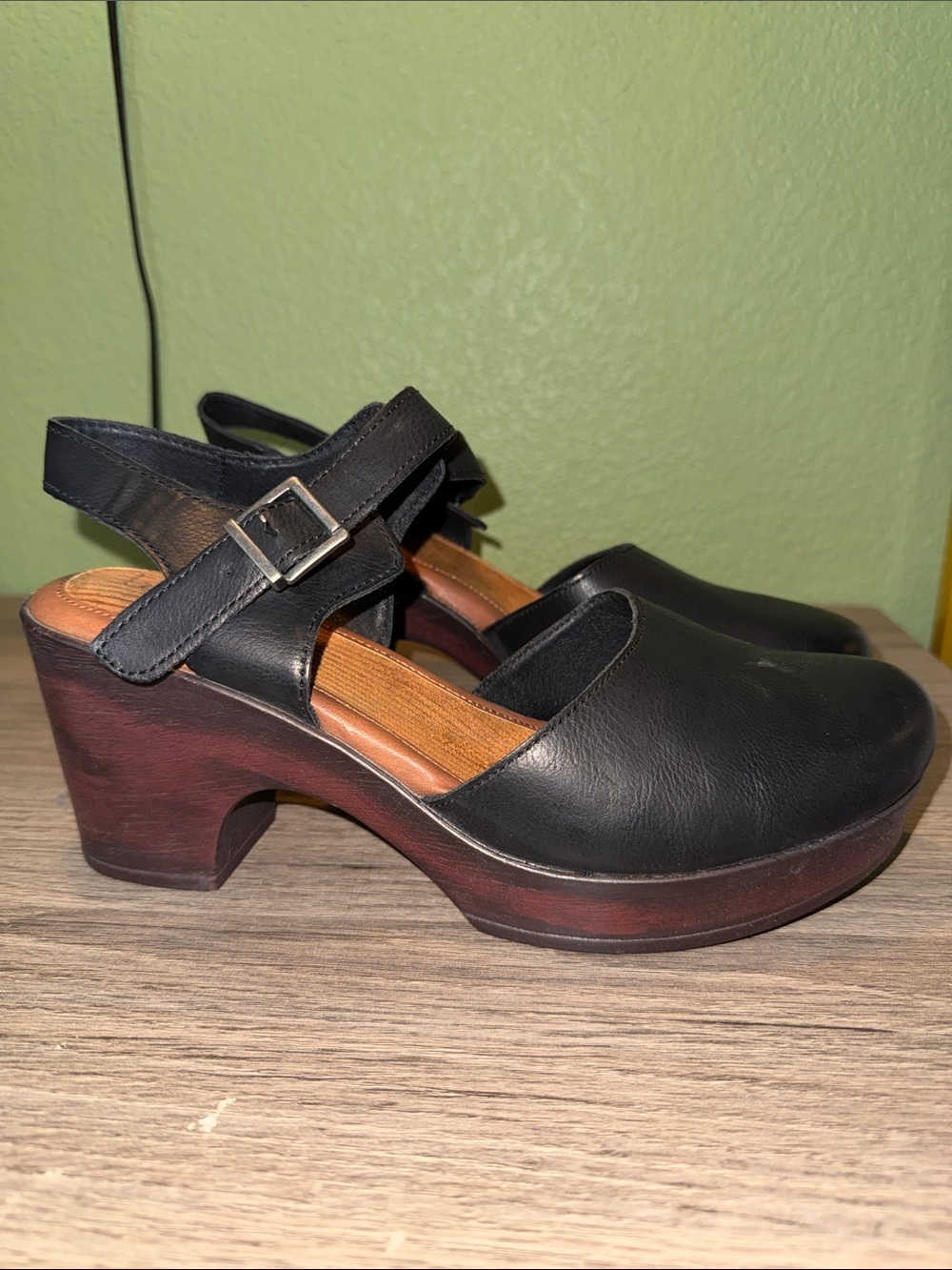 b.o.c. Black Leather Wedge Clog with Ankle Strap - Picture 3 of 7